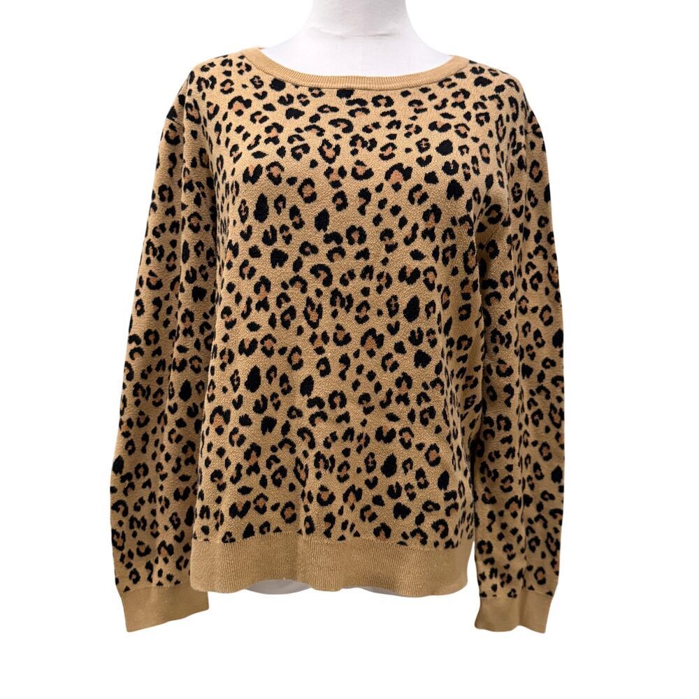 J.Crew Teddie Leopard Cotton Sweater Women Large Animal Print Preppy Fall Autumn